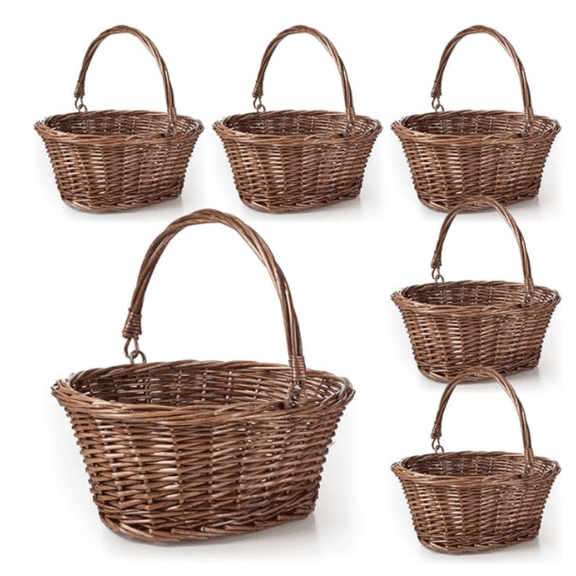 6 Pcs Easter Small Wicker Picnic Basket with Handle Flower Girl Baskets Oval Willow Woven Braided Gift Basket for Weddings Baby Shower Home Garden Decor(9" X 7" X 4",Brown)