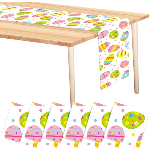 6 Pcs Easter Table Runner 14 x 108 Inch Colorful Easter Eggs Bunny Disposable Plastic Table Runner for Kitchen Decorations Home Spring Birthday Party Supplies (Adorable Egg)