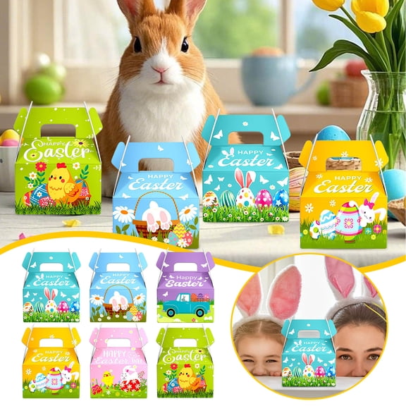 6 Pcs Easter Treat Boxes Paper Easter Gift Box Party Favor Small Treat Boxes Basket with Handle Bunny Eggs Containers for Kids