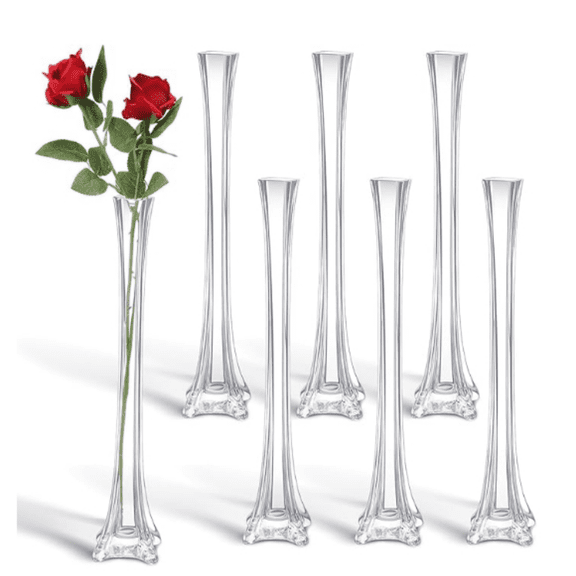 6 Pcs Eiffel Tower Vase Bulk 16 Inch Flute Vases Tall Glass Long Skinny Base Glass for Wedding Centerpiece Flowers Home Table Decorations Formal Dinners (Clear)
