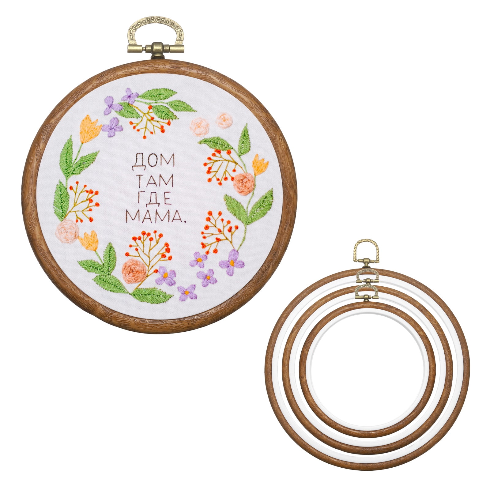 6 Pcs Embroidery Hoop Frame, Imitated Wood Round Cross Stitch Hoops with Metal Ring for Embroidery DIY Craft Sewing Wall Decor (5.12/6.69/8.27 Inch White & Brown)