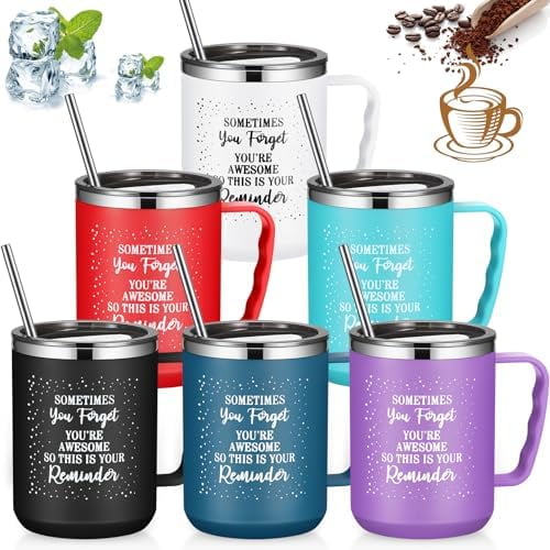6 Pcs Employee Appreciation Coffee Mug Gift Bulk Social Worker Month Thank You 17oz Drinking Cup with Handle Stainless Steel Insulated Tumbler Party Gift for Coworker Staff Teacher Women Team