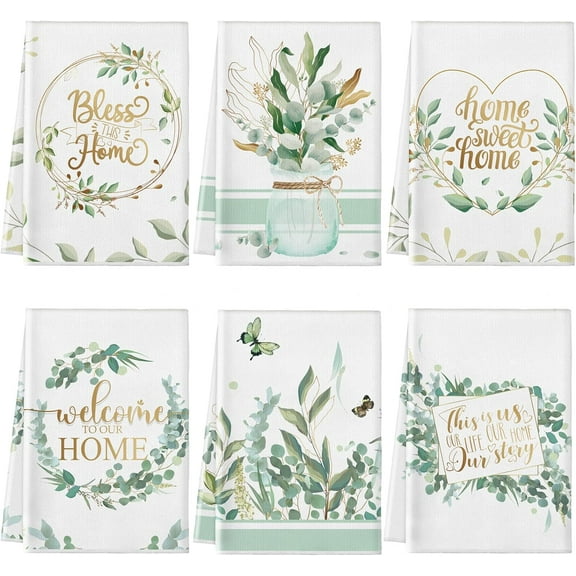 6 Pcs Eucalyptus Leaves Kitchen Towels Sage Green Dish Towels Kitchen Farmhouse Home Absorbent Sage Green Hand Towel Plant Decorative Tea Towel Gift for Spring Bathroom Housewarming Gifts