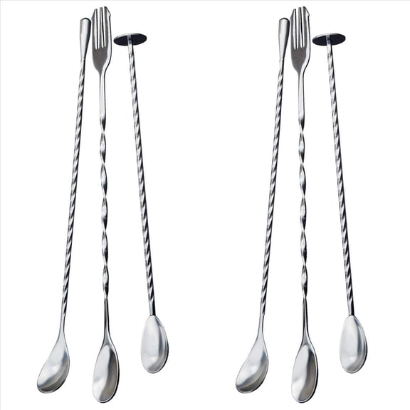 25WM 6 Pcs Extra Long Stainless Steel Mixing Spoons Spiral Pattern Bar Cocktail Shaker Spoon B