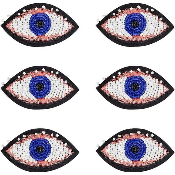 6 Pcs Eye Beaded Patches for Clothes Evil Eye Sequined Patch Without Eyelashes Sew on Rhinestone Beaded Applique for DIY Sewing Clothe Jacket Jean Bag Hat Shoe 2.9x1.6 Inch