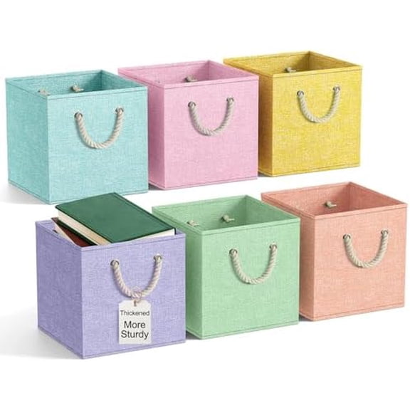 6 Pcs Fabric Linen Thickened Storage Cube with Handle 11 Inch Heavy Duty Multi-color Collapsible Sturdy Durable Storage Bin Organizer Box Clothes Shelf Christmas Holiday Festival(Macaron)