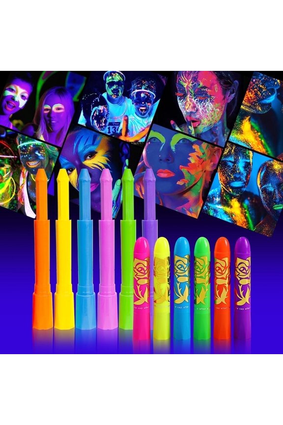 6-Pack Neon Face Paint Sticks, Glow Under Black Light Body Paint for Party Halloween