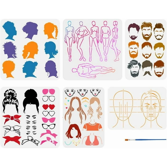 6 Pcs Facial Features Stencil with Paint Brush 6 Styles Character Model Stencil Men's Beard and Hair Stencil Women's Silhouette Painting Template