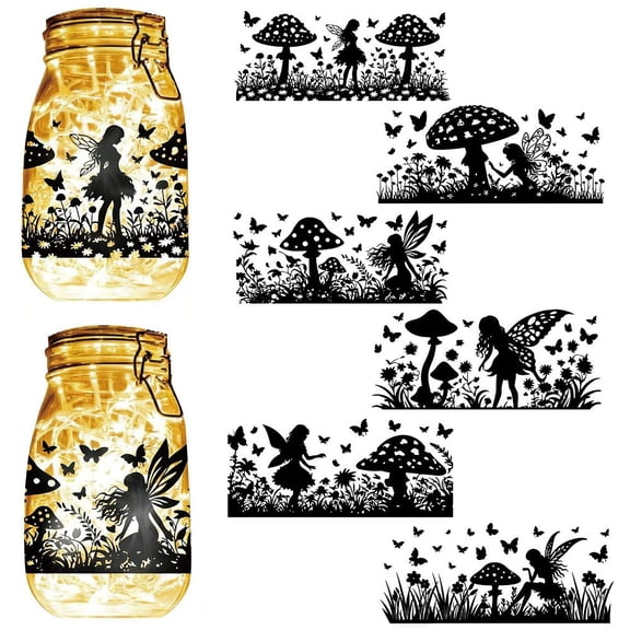 6 Pcs Fairy Silhouettes Jar Decals Mushroom Mason Jar Decor Cut Out Scrapbooking Ornament Display Waterproof Decoration Glass Lantern