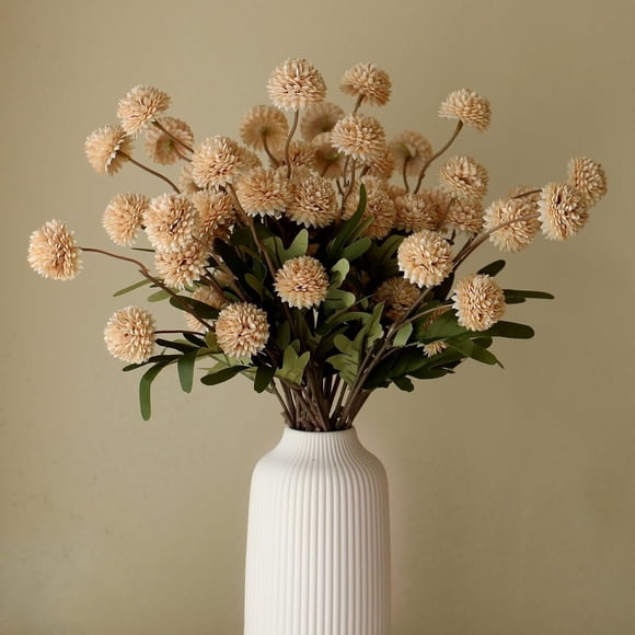 6 Pcs Fake Pompon Mums Silk Small Chrysanthemum Artificial Flowers 5 Heads Dandelion Faux Ball Flower Stem Decor Flower Arrangement Christmas Decoration Hydrangea,Beige