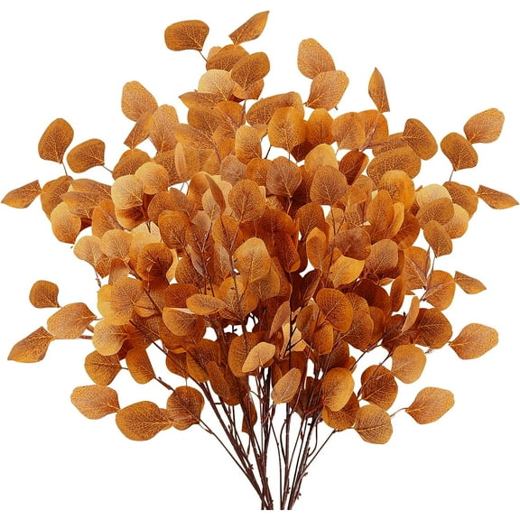 6 Pcs Fall Artificial Eucalyptus Stems Long Silver Dollar Leaves Fake Silk Eucalyptus Leaf Branches for Indoor Home Autumn Festival Thanksgiving Decor(Dark Brown)
