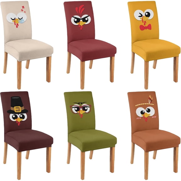 6 Pcs Fall Chair Covers for Dining Room, Thanksgiving Stretch Removable Dining Chair Cover Set of 6, Autumn Turkey Chair Slipcovers Seat Protector for Fall Restaurant Decor