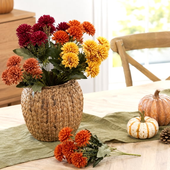 6 Pcs Fall Pompon Faux Mum Artificial Flowers Outdoor, Fake Fall Chrysanthemum Artificial Plants & Flowers for Vase Floral Arrangement Thanksgiving Harvest Party Table Centerpiece Decor(No Vase), C