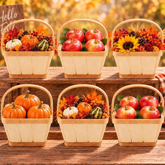 6 Pcs Fall Wooden Apple Bushel Baskets 1/2 Peck with Handle, Square | 7.1" x 5.9" x 4.7" Display Buckets for Gifts Empty Thanksgiving Harvest Basket for Fruits Vegetables, Home Party Supplies
