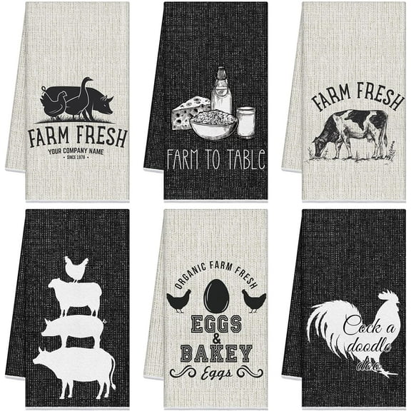 6 Pcs Farm Animal Kitchen Towels Farmhouse Funny Dish Towel Rustic Hand Towels Rooster Cow Pig Decorative Tea Dishcloth Absorbent with Hanging Loop for Kitchen Bathroom Housewarming Gift