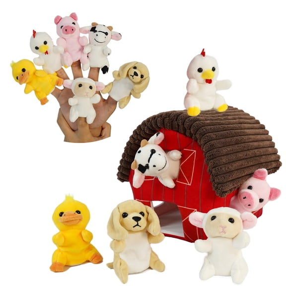 6 Pcs Farm Animals Finger Puppet with Farm Houses, Realistic Soft Plush Toy , Novelty Animals Toys Role-Playing Story Finger Puppets Plush Finger Puppets Gifts for Boys and Girls