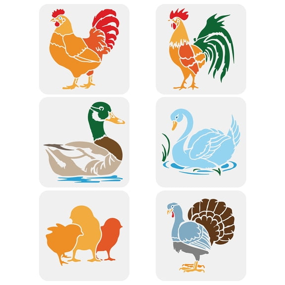 6 Pcs Farm Poultry Painting Stencil 7.9x7.9 6Styles PET Hens Roosters Chicks Geese Ducks Turkeys Spraying Stencil Farm Beaked Animal Theme Wall