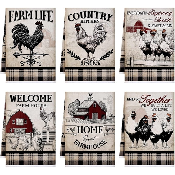 6 Pcs Farmhouse Kitchen Towels Chicken Rooster Kitchen Decor Farm Animal Hand Towels for Cooking Baking Housewarming Gift,15.75 x 23.62 inch(Retro Gray,Barn Farm)