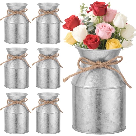 6 Pcs Farmhouse Metal Flower Vase Decor, 5.3 Inch Galvanized Milk Can Jug Vase with Twine Bow Rustic Flower Buckets for Centerpieces Floral Display Table Home Wedding Festival DIY Decorations