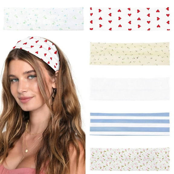 6 Pcs Fashion Headbands for Women, Non-Slip Elastic Sweat Hairbands, Floral Stripe Heart Makeup Hair Accessories