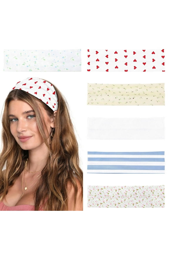 6 Pcs Fashion Headbands for Women, Non-Slip Elastic Sweat Hairbands, Floral Stripe Heart Makeup Hair Accessories