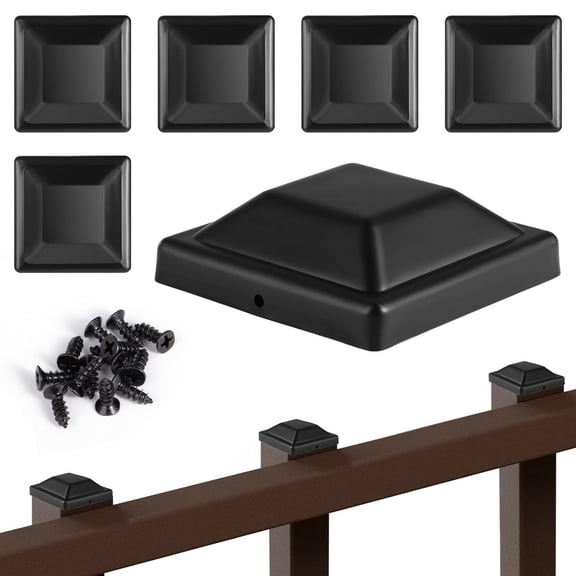 6 Pcs Fence Post Caps, 3-5/8" x 3-5/8" Black Plastic Toppers with Screws, Waterproof Fence Pole Protectors for Deck Railing