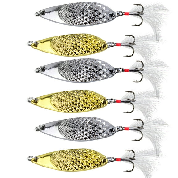 6 Pcs Fishing Spoons Lures, Metal Spoon Lures for Freshwater and Saltwater Fishing, Gold and Silver Designs with Feather Hook, 2.16 in/5.5 cm, Versatile for Casting and Ice Fishing