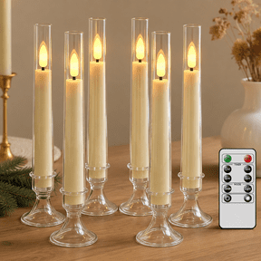 HIDAWN 6Pack Flameless Taper Candles with Remote Timer, LED Candlesticks with Holders, Fake Electric Battery Operated Dripless 3D Flickering Flame Window Candles,9.57Inch,Clear