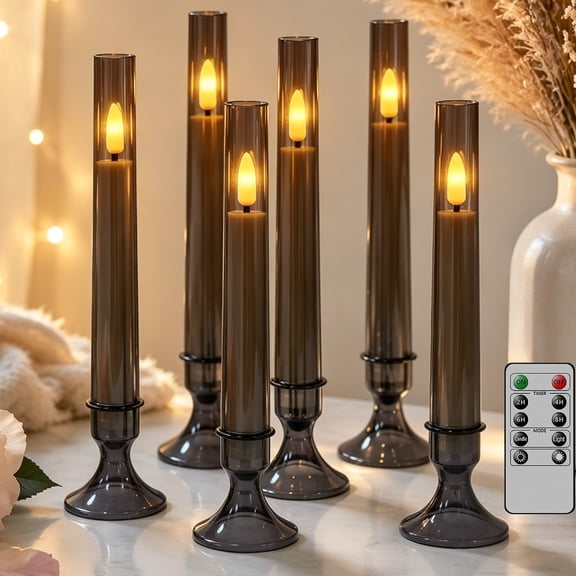 HIDAWN 6Pack Flameless Taper Candles with Remote Timer, LED Candlesticks With Holders, Battery Operated Fake Electric Dripless 3D Flickering Flame Window Candles,9.57Inch,Black Gray