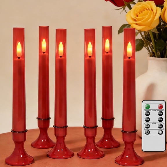 HIDAWN 6Pack Flameless Taper Candles with Remote Timer, LED Fake Electric Candlesticks With Base,Battery Operated Dripless 3D Flickering Flame Window Candles,9.57Inch,Red