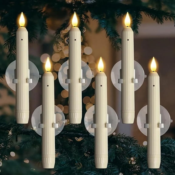 6 Pcs Flameless Taper Window Candles with Dusk to Dawn Sensor, 7 LED Battery Operated Electric Candle Sticks with Suction Cups, White for Christmas Halloween Thanksgiving