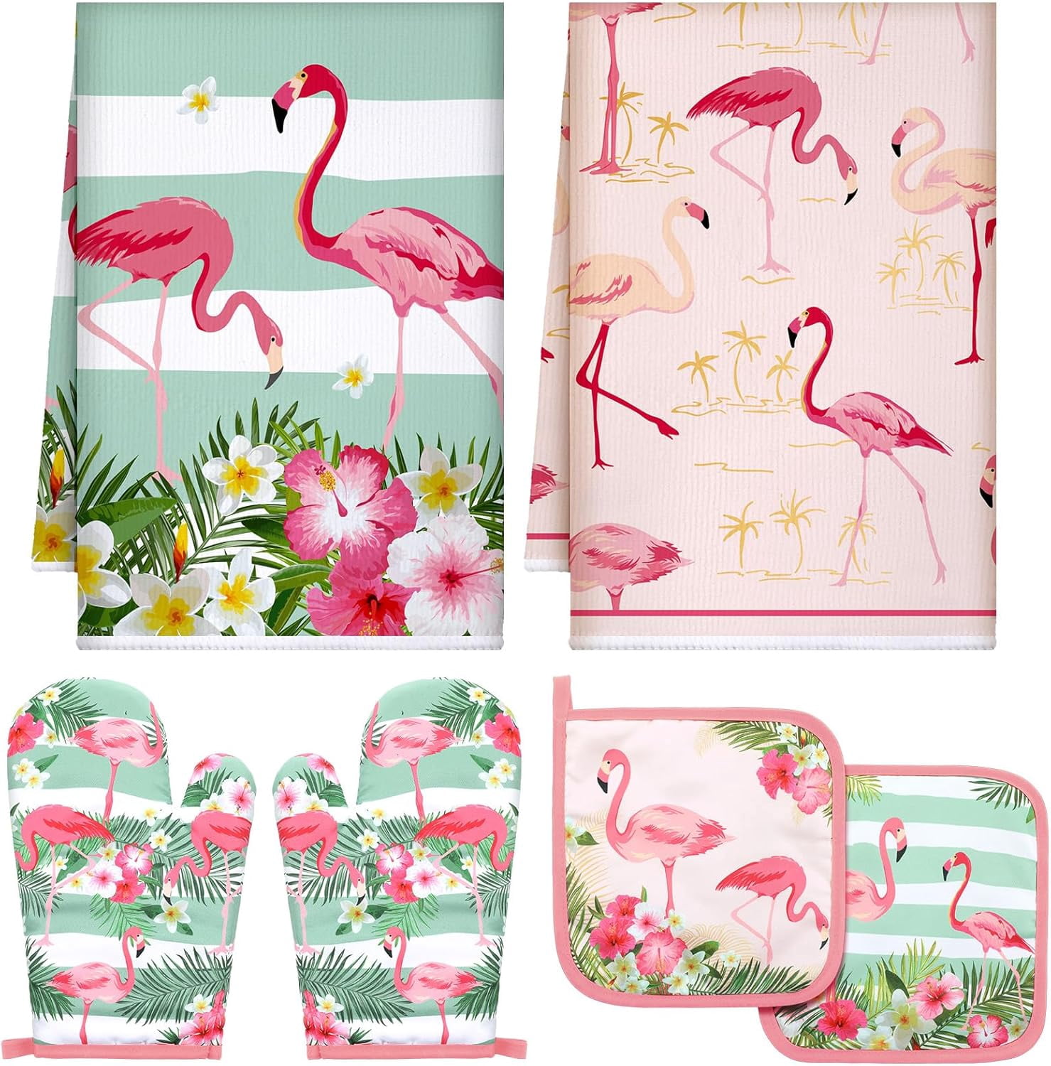 6 Pcs Flamingo Kitchen Towels Pot Holders and Oven Mitts Set Soft Cotton Linen Dish Towel Heat Resistant Oven Mitts for Summer Kitchen Decor Cooking Baking Grilling, Pink