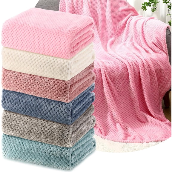 6 Pcs Flannel Soft Throw Blanket Bulk Large 3D Waffle Textured Faux Fur Throw Fleece Blanket 50 x 60 Inches No Shedding No Pilling Lightweight Blankets for Bedroom Couch Sofa (Fresh)