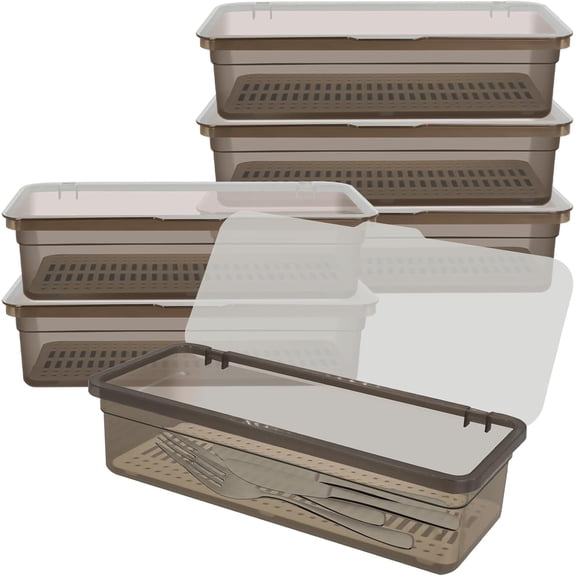 6 Pcs Flatware Tray with Lid Large Plastic Drainer Silverware Utensil Clear Drawer Organizer Cutlery Storage Container Box Dinnerware Holder with Cover for Home Kitchen Travel