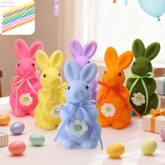 6 Pcs Flocked Bunny Easter Decorations with Bow Tie, Rabbit Figurines for Easter Tabletop Home Office Party Table Centerpiece Decor(Including Straws)