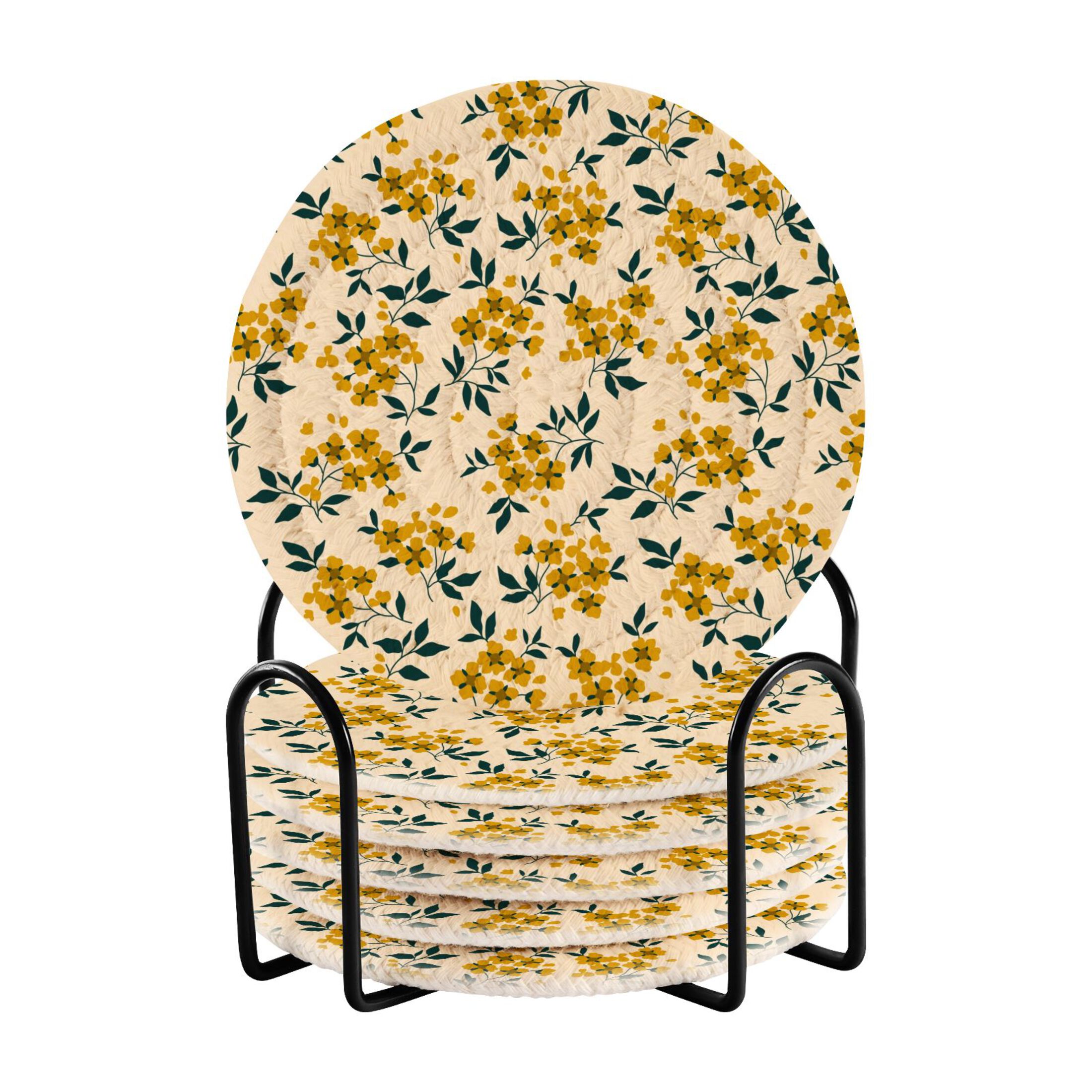 6 Pcs Floral Flowers Yellow Drink Coasters with Holder Absorbent ...