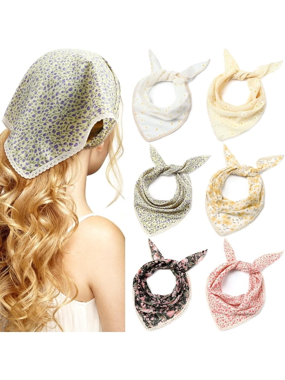 6 Pcs Floral Hair Bandanas Head Kerchief Women Bandana Print Chiffon Hair Scarf Triangle Head Kerchief with Ties