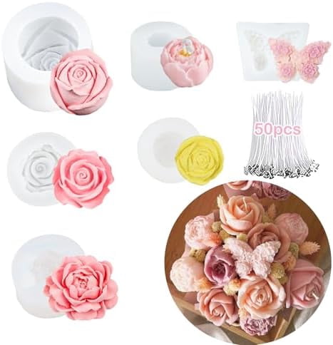 6 Pcs Flower Candle Making Mold Silicone 3D Rose Butterfly Molds Kit De Rosas Silicona para Velas for Candle Bouquet DIY, Wax, Soap, Epoxy Resin, Clay Craft Home Decor Valentine's Day Gift