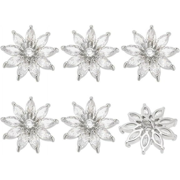 6 Pcs Flower Crystal Shank Button 0.7" Zirconia Sliver Rhinestone Buttons with 1Hole Crystal Platinum Alloy Sew On Button Flatback Clear Cubic Zirconia Shank Button