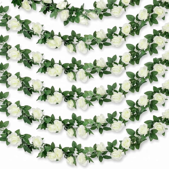 6 Pcs Flower Garland,7.5 Ft Hanging White Roses Artificial Flowers Vines Rose Garland for Backdrop Wall Arch Wedding Decorations Garden Fireplace Table