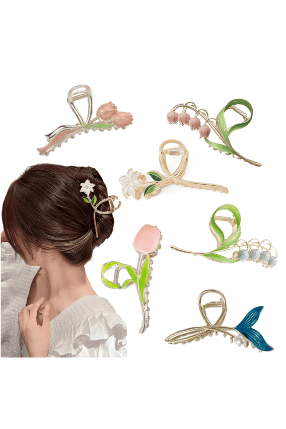 6 Pcs Flower Metal Claw Clips, Jademall Large Tulip Nonslip Barrettes, Strong Hold Clips Fashion Hair Accessories for Women with Long Thick Thin Curly Hair