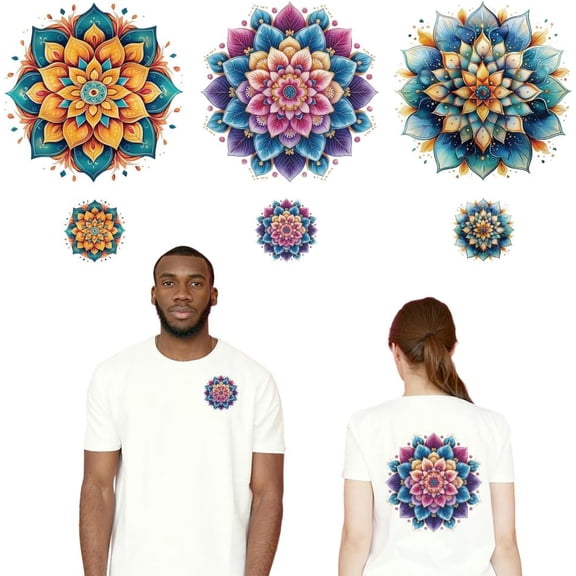 6 Pcs Flower Theme Heat Transfer Film Logo Stickers Set 6 Styles Mandala Floral Pattern Heat Transfer Stickers Iron on Decals for T-Shirts Patches Bags Hats DIY Crafts