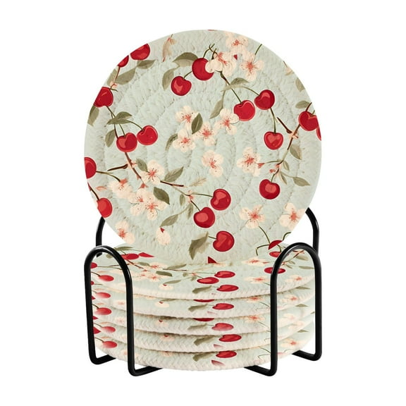 6 Pcs Flowers Cherry Print Drink Coasters with Holder Absorbent Coaster Sets Cup Heat-Resistant Hot Pads Mats for Bar Table Protection