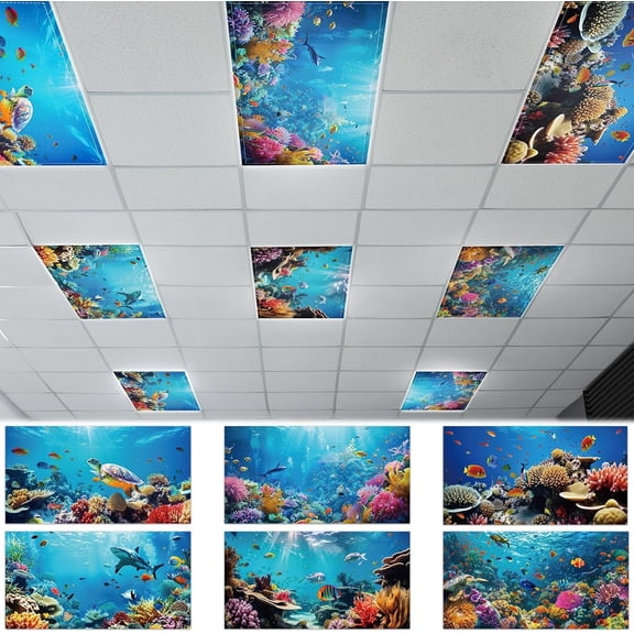 6 Pcs Fluorescent Light Covers with 60 Magnets Decorative for Classroom Ceiling Light 4 x 2 Feet Magnetic Light Covers Filter Easy Install for Office Hospitals & Home (Ocean)