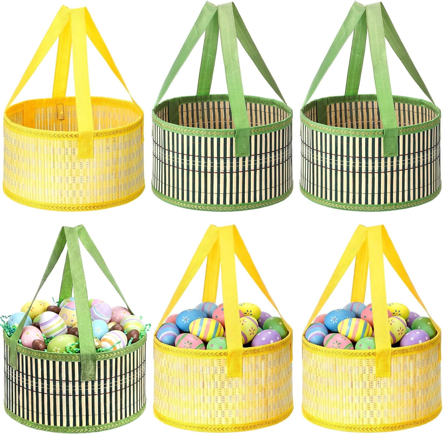 6 Pcs Foldable Easter Woven Bamboo Baskets Empty 10 x 6 Inch Large Basket Bulk Set with Handle for Easter Egg Spring Picnic Hunt Party Favor(Yellow,Green)