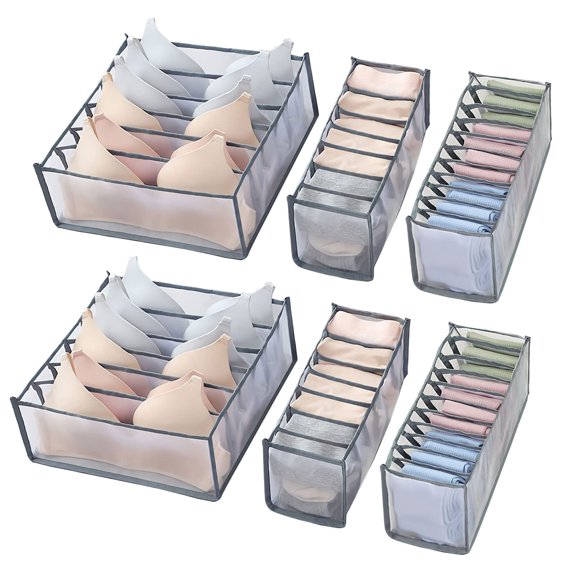 6 Pcs Foldable Underwear Drawer Organizer with 6/7/11 Cell Storage Boxes for Bras Panties Socks Ties Scarves