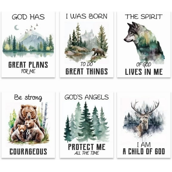 6 Pcs Forest Animals Bible Verse Posters Inspirational Quote Wall Poster Watercolor Wall Art Decor