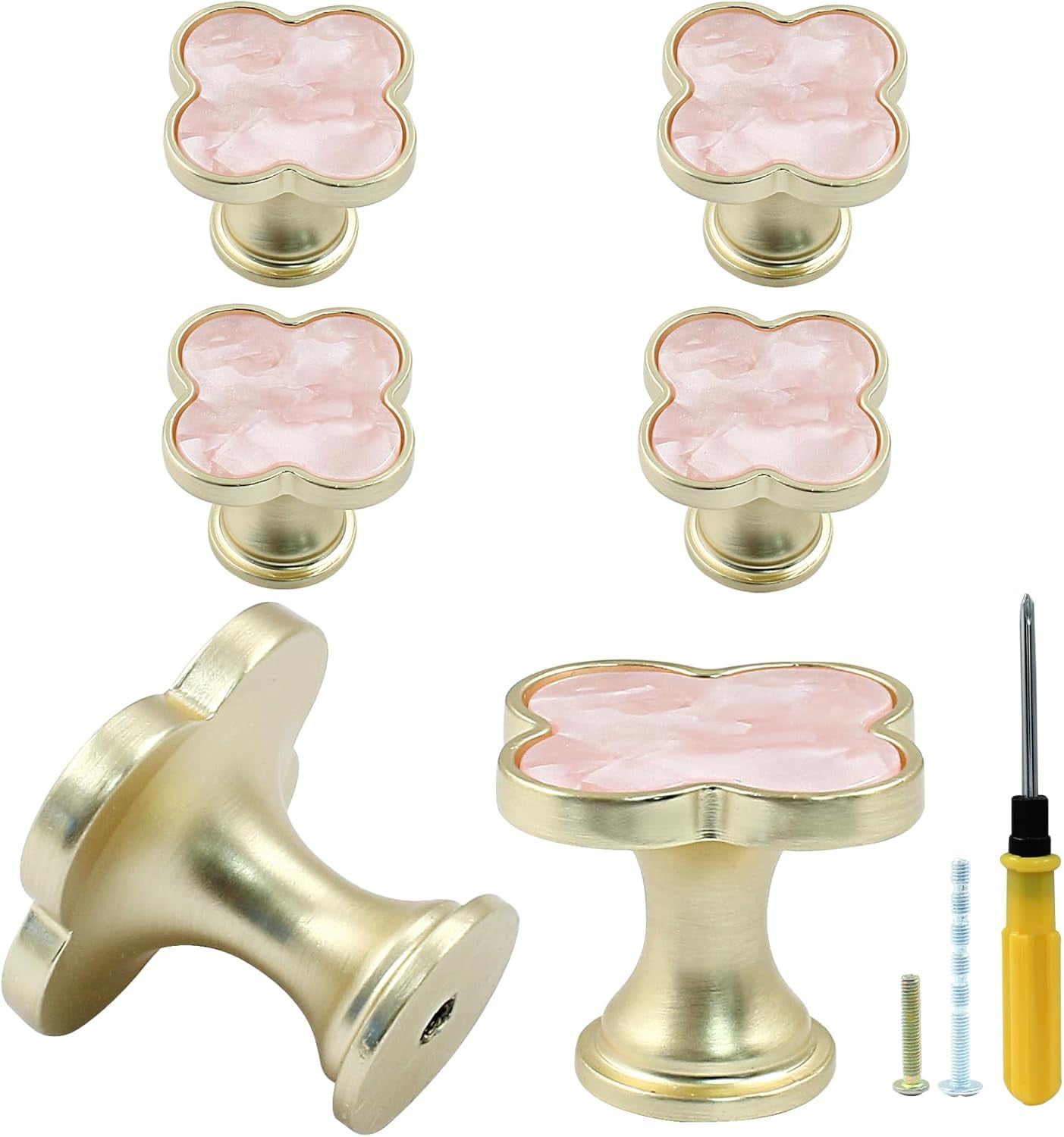 6 Pcs Four-Leaf Drawer Pulls Knobs, Gold Dresser Cabinet Knobs Pulls for Kitchen Cabinet Cupboard Door Furniture Decorative, Pink