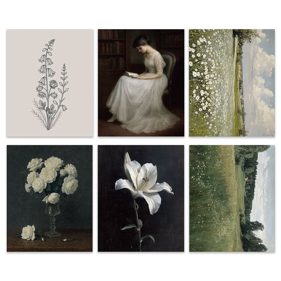 6 Pcs French Country Botanical Wall Art Prints Gray-tone Oil Painting Nature Landscape Flower Aesthetic Posters Vintage Decor