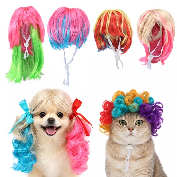 6 Pcs Funny Dog Cat Cosplay Wig, with Adjustable Strap and Anti Slip Snap Button Breathable Pet Wigs for Halloween, Christmas, Parties, Festivals, Dog Wigs for Small Medium and Large Dogs